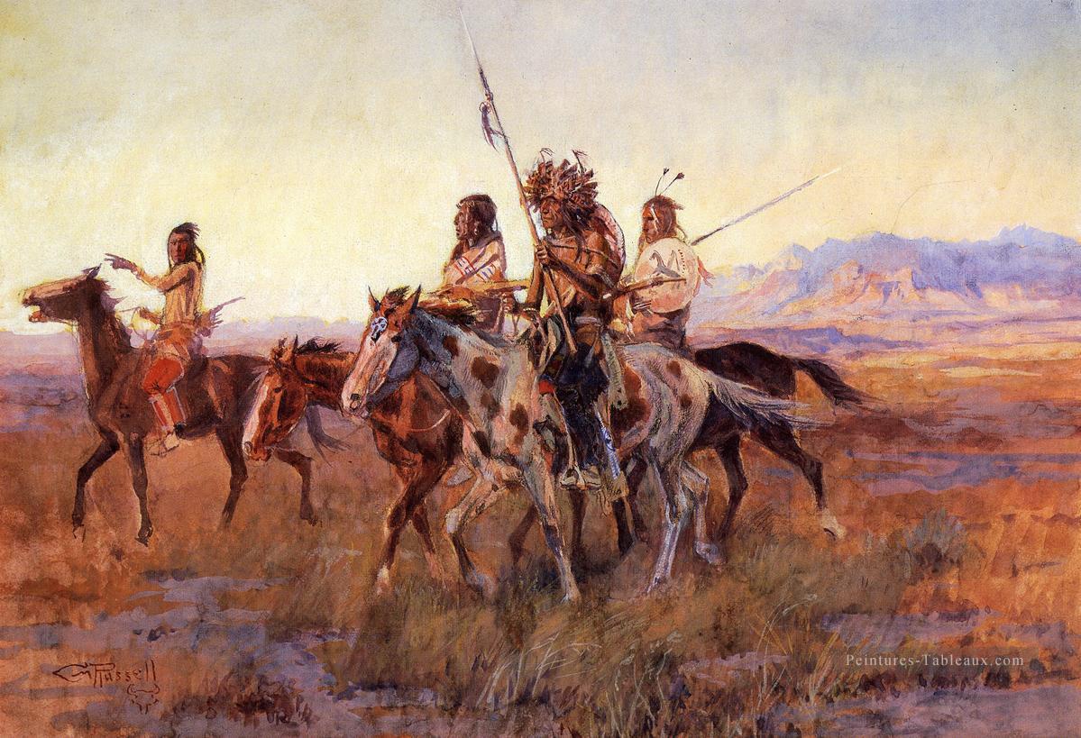Quatre Indiens à cheval Charles Marion Russell vers 1914 Indiens Charles Marion Russell Indiana Peintures à l'huile